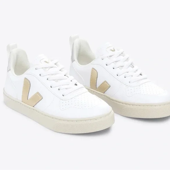 NWOT Veja V-10 CWL Sneakers White Platine Gold Silver Leather Lace Up Chrome 5 - Picture 2 of 10